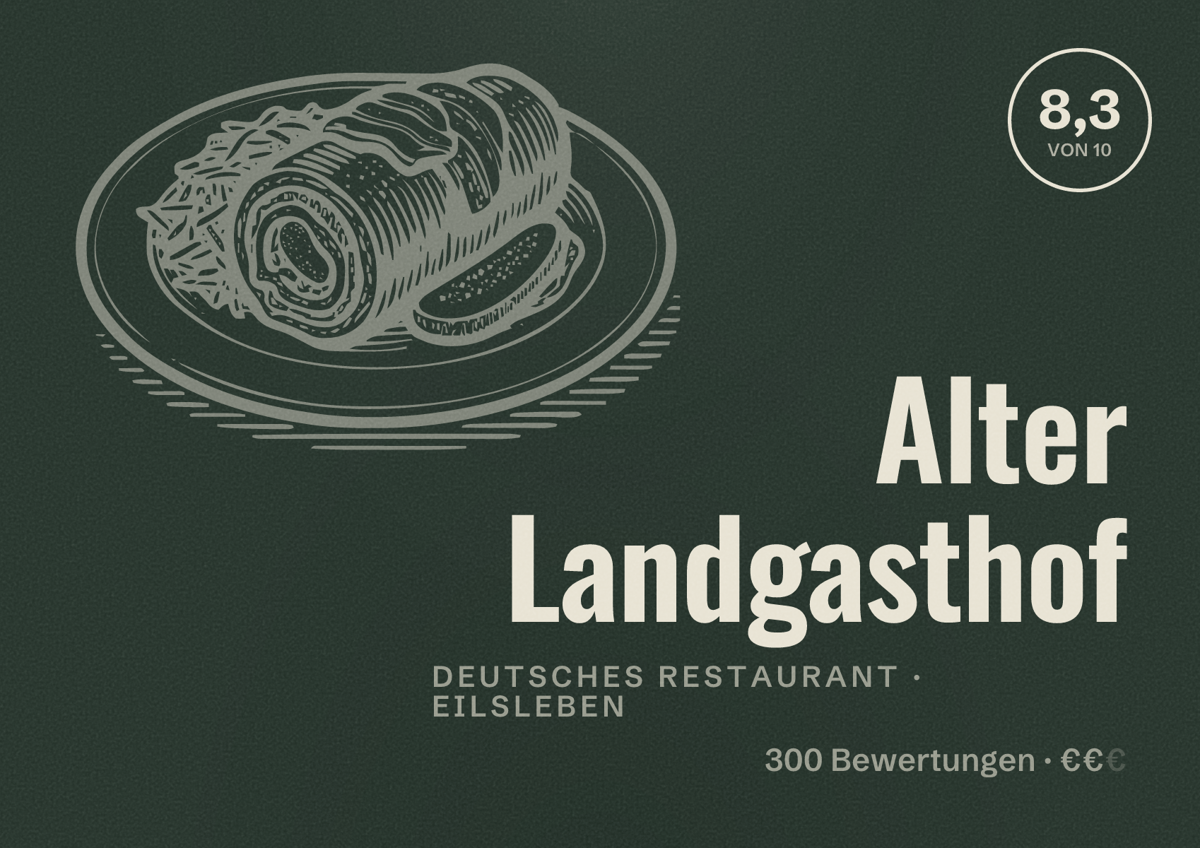 Illustriertes Poster von Alter Landgasthof, Deutsches Restaurant in Eilsleben: Bewertung 8,3 von 10 aus 300 Bewertungen, Preisniveau €€