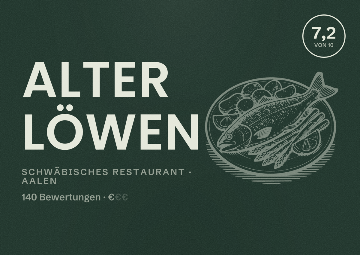 Illustriertes Poster von Alter Löwen, Schwäbisches Restaurant in Aalen: Bewertung 7,2 von 10 aus 140 Bewertungen, Preisniveau €