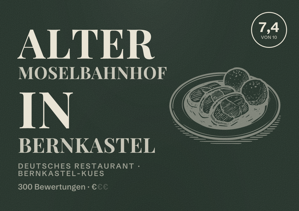 Illustriertes Poster von Alter Moselbahnhof in BERNKASTEL, Deutsches Restaurant in Bernkastel-Kues: Bewertung 7,4 von 10 aus 300 Bewertungen, Preisniveau €