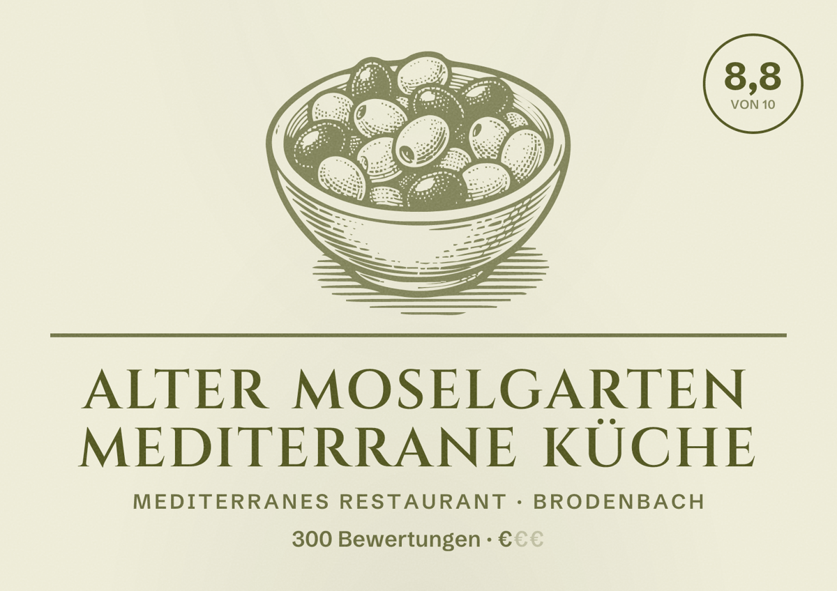 Illustriertes Poster von Alter Moselgarten Mediterrane Küche, Mediterranes Restaurant in Brodenbach: Bewertung 8,8 von 10 aus 300 Bewertungen, Preisniveau €
