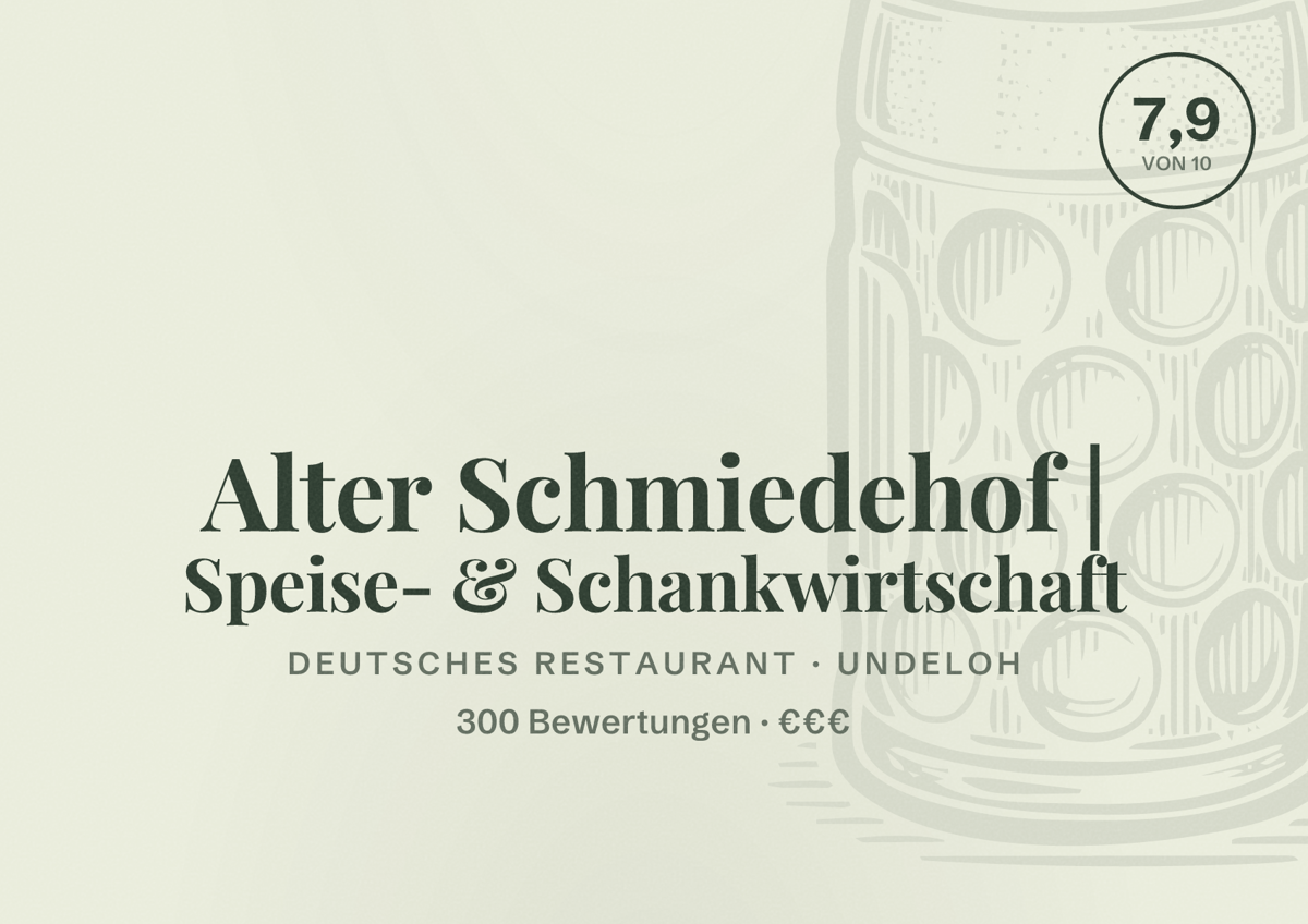 Illustriertes Poster von Alter Schmiedehof | Speise- & Schankwirtschaft, Deutsches Restaurant in Undeloh: Bewertung 7,9 von 10 aus 300 Bewertungen, Preisniveau €€€