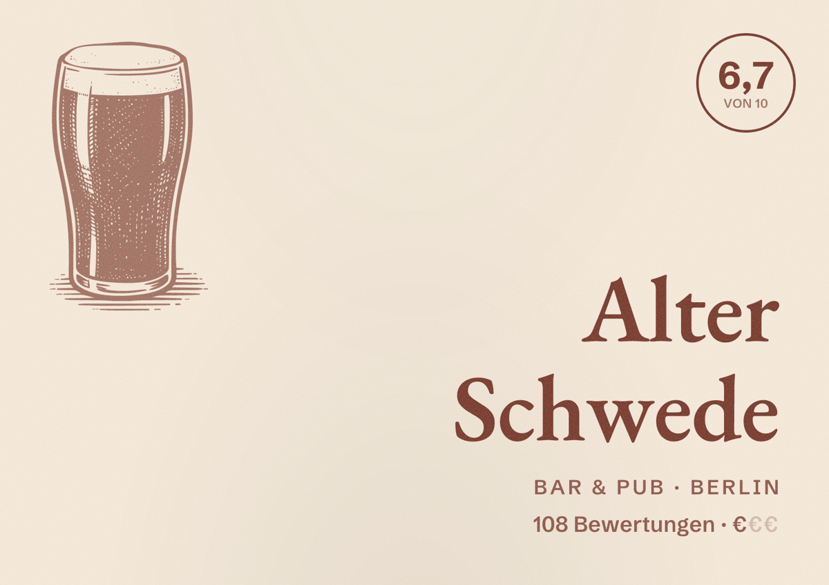 Illustriertes Poster von Alter Schwede, Bar & Pub in Berlin: Bewertung 6,7 von 10 aus 108 Bewertungen, Preisniveau €