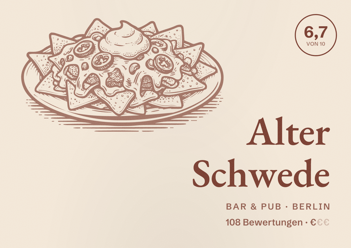 Illustriertes Poster von Alter Schwede, Bar & Pub in Berlin: Bewertung 6,7 von 10 aus 108 Bewertungen, Preisniveau €