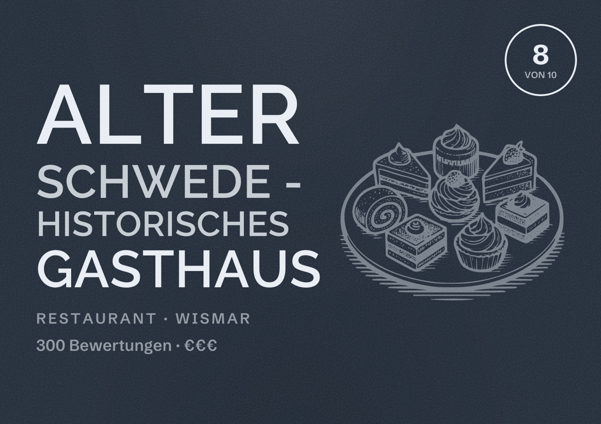 Illustriertes Poster von Alter Schwede - Historisches Gasthaus, Restaurant in Wismar: Bewertung 8 von 10 aus 300 Bewertungen, Preisniveau €€€
