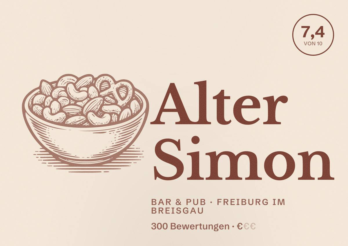 Illustriertes Poster von Alter Simon, Bar & Pub in Freiburg im Breisgau: Bewertung 7,4 von 10 aus 300 Bewertungen, Preisniveau €