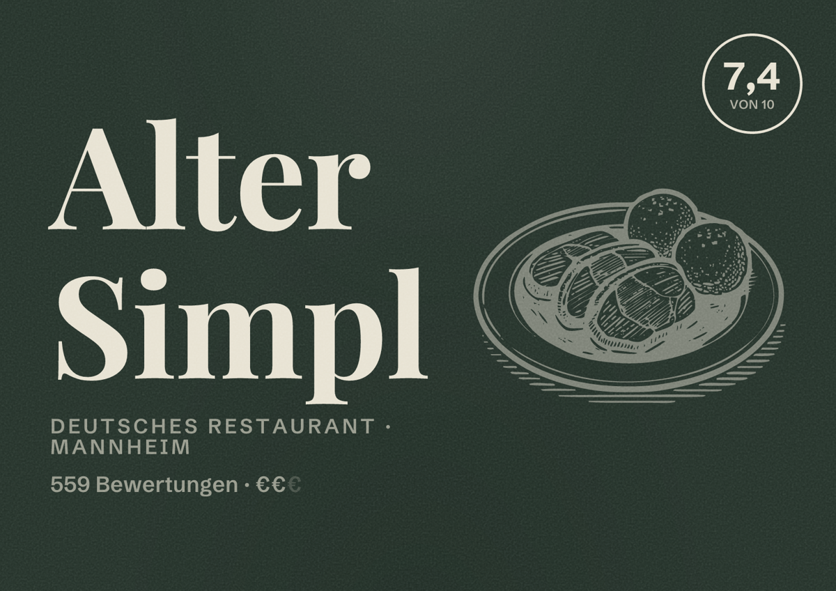 Illustriertes Poster von Alter Simpl, Deutsches Restaurant in Mannheim: Bewertung 7,4 von 10 aus 559 Bewertungen, Preisniveau €€