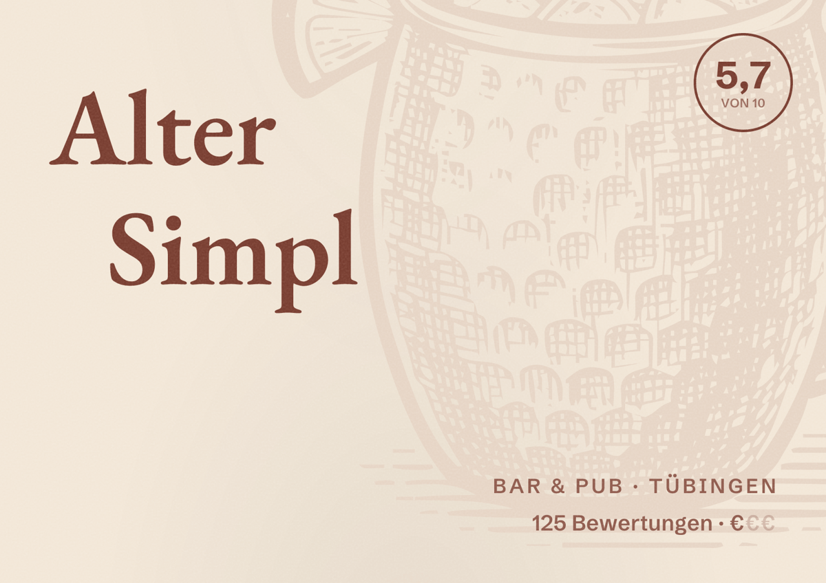 Illustriertes Poster von Alter Simpl, Bar & Pub in Tübingen: Bewertung 5,7 von 10 aus 125 Bewertungen, Preisniveau €