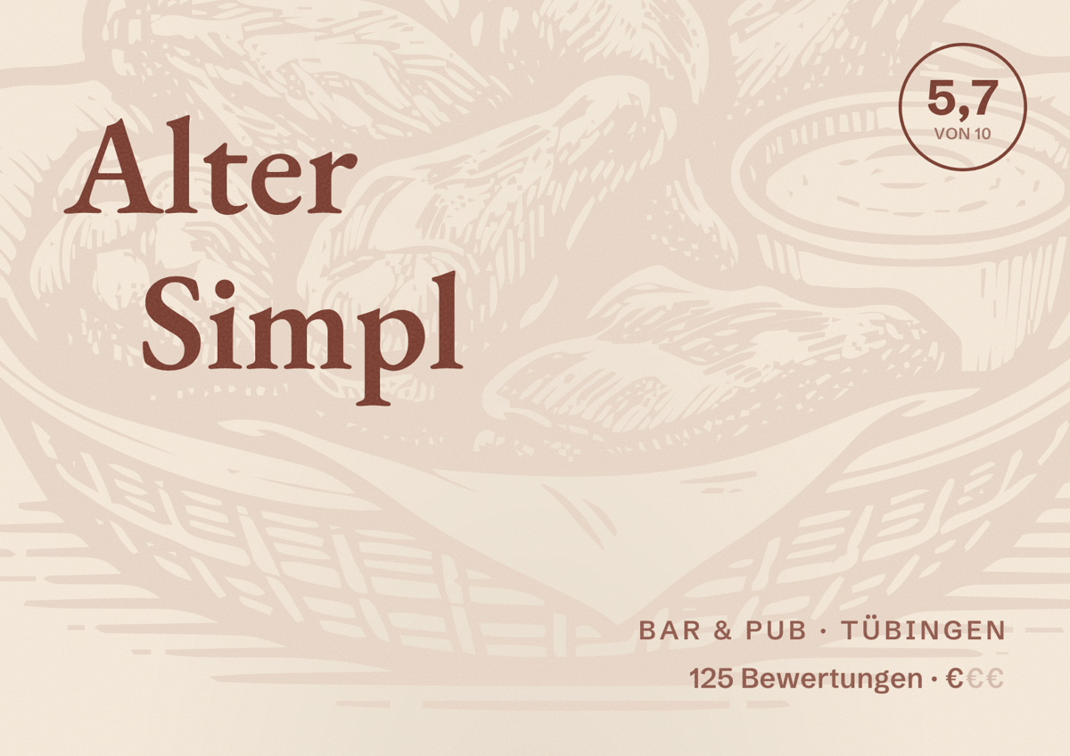 Illustriertes Poster von Alter Simpl, Bar & Pub in Tübingen: Bewertung 5,7 von 10 aus 125 Bewertungen, Preisniveau €