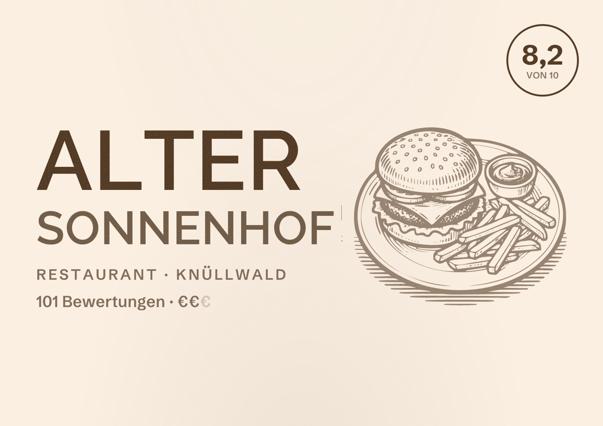 Illustriertes Poster von Alter Sonnenhof, Restaurant in Knüllwald: Bewertung 8,2 von 10 aus 101 Bewertungen, Preisniveau €€
