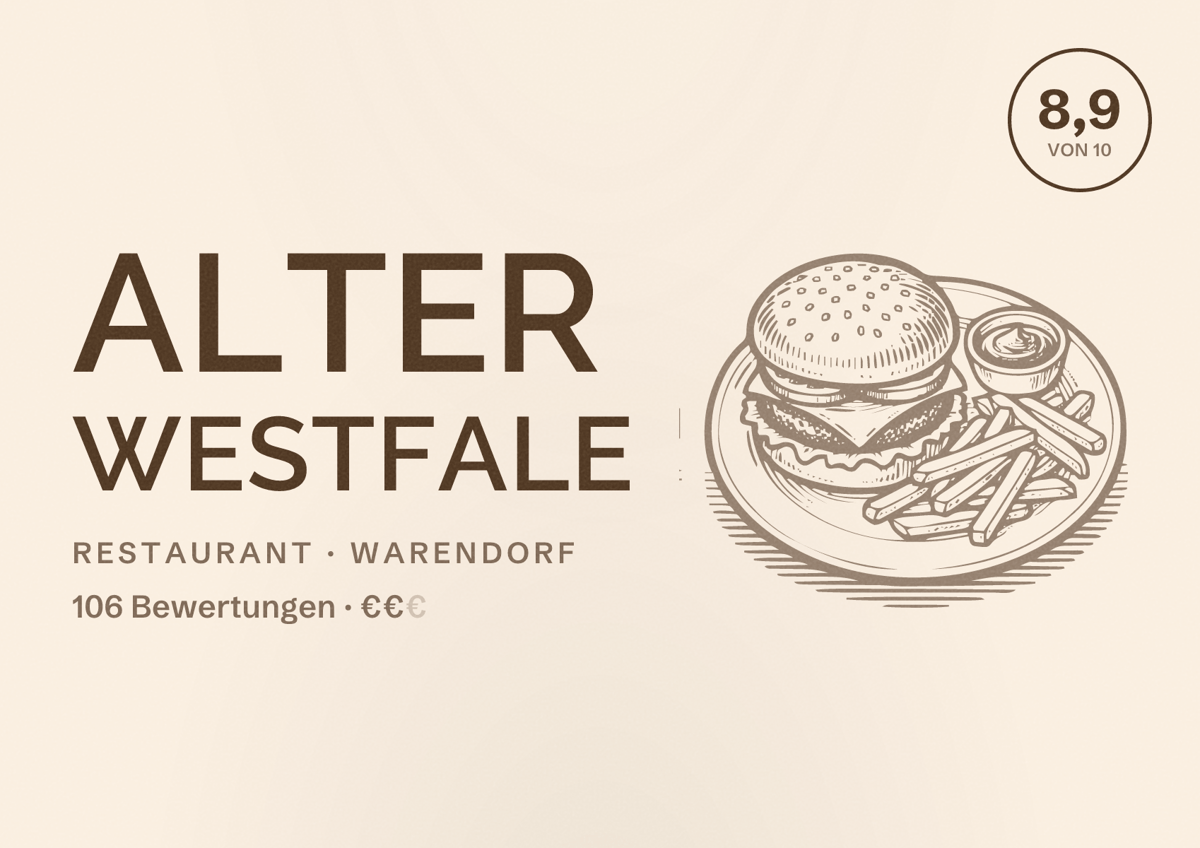Illustriertes Poster von Alter Westfale, Restaurant in Warendorf: Bewertung 8,9 von 10 aus 106 Bewertungen, Preisniveau €€