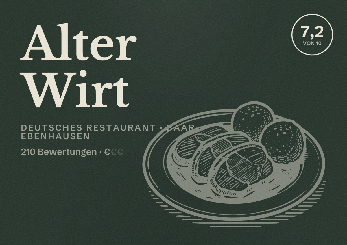 Illustriertes Poster von Alter Wirt, Deutsches Restaurant in Baar-Ebenhausen: Bewertung 7,2 von 10 aus 210 Bewertungen, Preisniveau €