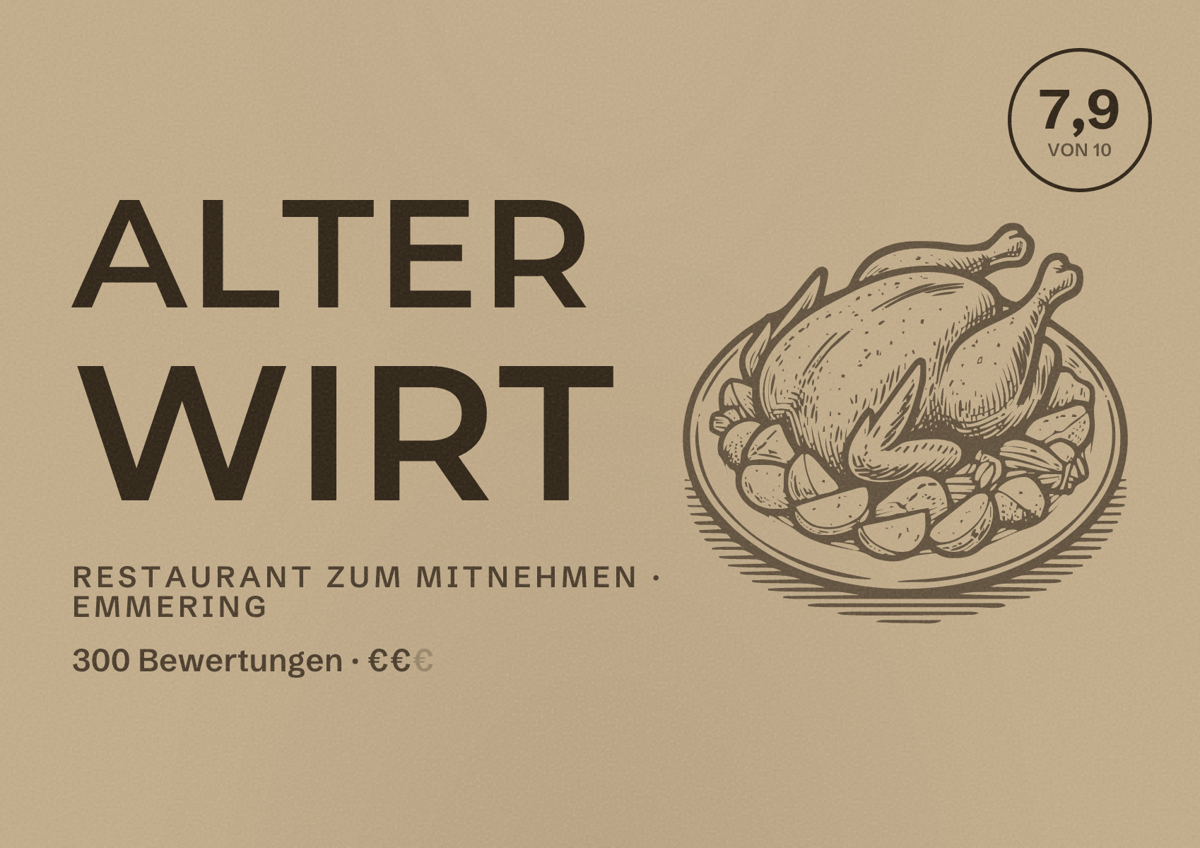 Illustriertes Poster von Alter Wirt, Restaurant zum Mitnehmen in Emmering: Bewertung 7,9 von 10 aus 300 Bewertungen, Preisniveau €€