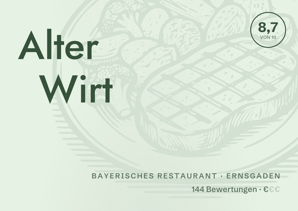 Illustriertes Poster von Alter Wirt, Bayerisches Restaurant in Ernsgaden: Bewertung 8,7 von 10 aus 144 Bewertungen, Preisniveau €