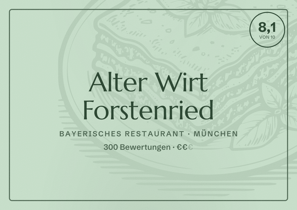 Illustriertes Poster von Alter Wirt Forstenried, Bayerisches Restaurant in München: Bewertung 8,1 von 10 aus 300 Bewertungen, Preisniveau €€