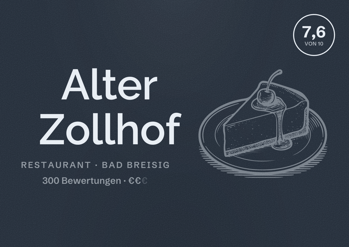 Illustriertes Poster von Alter Zollhof, Restaurant in Bad Breisig: Bewertung 7,6 von 10 aus 300 Bewertungen, Preisniveau €€