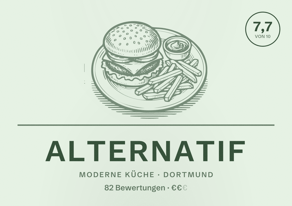 Illustriertes Poster von Alternatif, Moderne Küche in Dortmund: Bewertung 7,7 von 10 aus 82 Bewertungen, Preisniveau €€