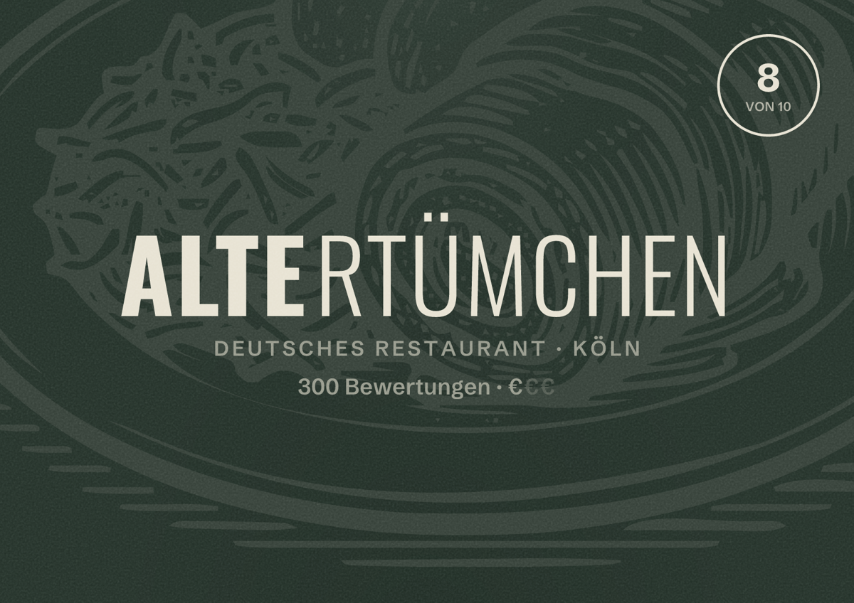 Illustriertes Poster von Altertümchen, Deutsches Restaurant in Köln: Bewertung 8,0 von 10 aus 300 Bewertungen, Preisniveau €