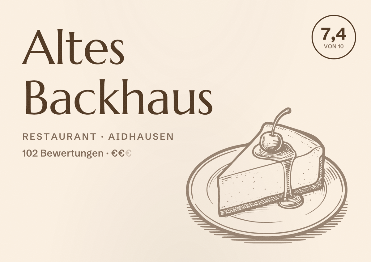 Illustriertes Poster von Altes Backhaus, Restaurant in Aidhausen: Bewertung 7,4 von 10 aus 102 Bewertungen, Preisniveau €€