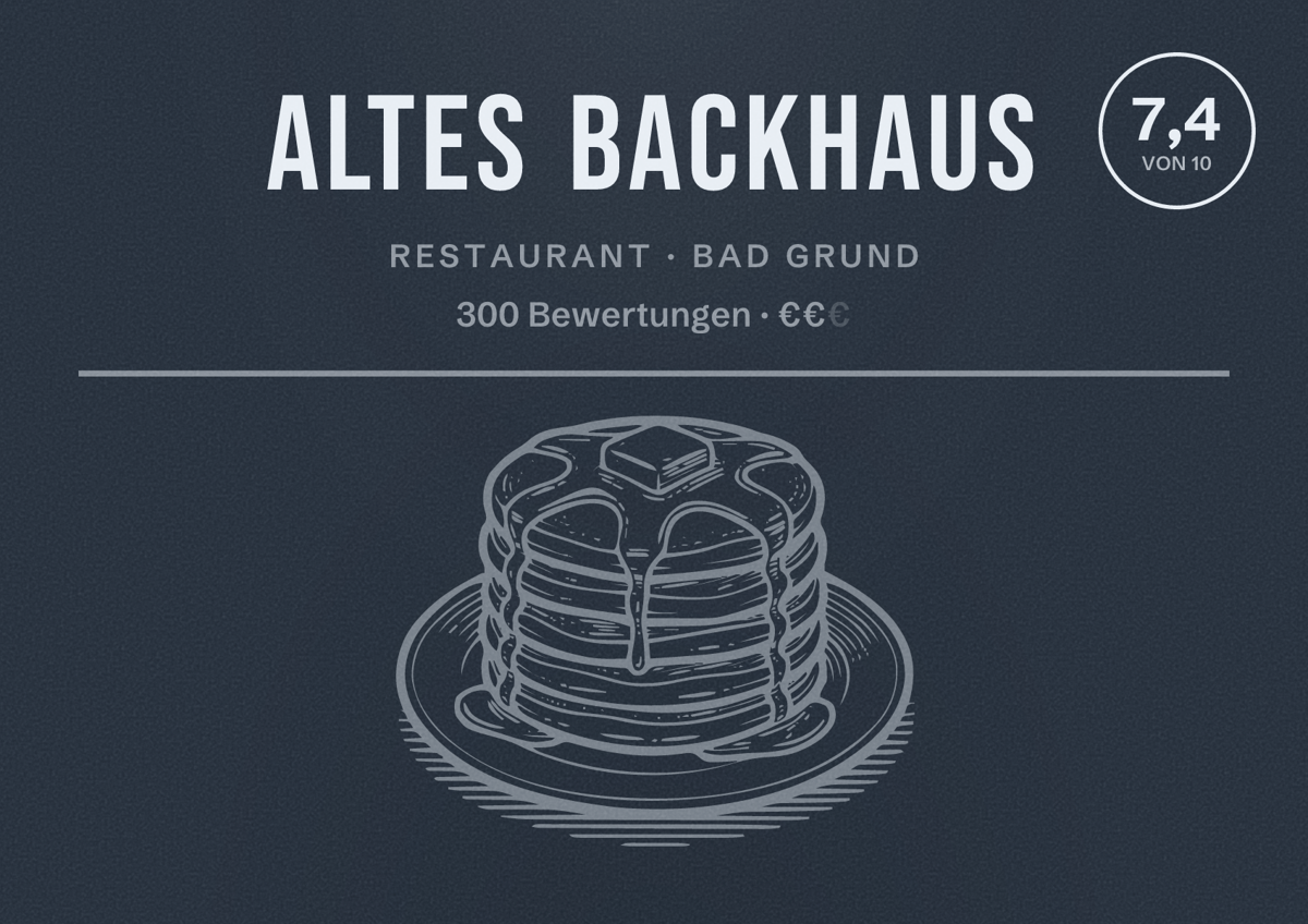 Illustriertes Poster von Altes Backhaus, Restaurant in Bad Grund: Bewertung 7,4 von 10 aus 300 Bewertungen, Preisniveau €€