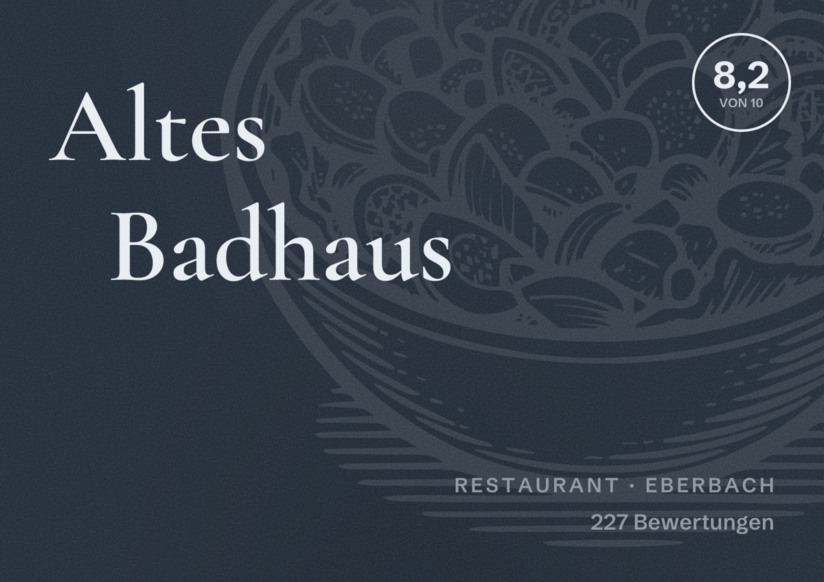 Illustriertes Poster von Altes Badhaus, Restaurant in Eberbach: Bewertung 8,2 von 10 aus 227 Bewertungen