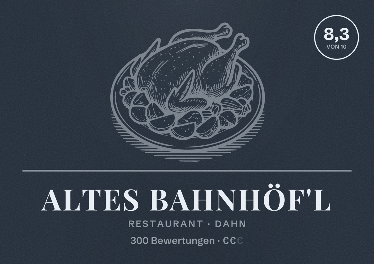 Illustriertes Poster von Altes Bahnhöf'l, Restaurant in Dahn: Bewertung 8,3 von 10 aus 300 Bewertungen, Preisniveau €€