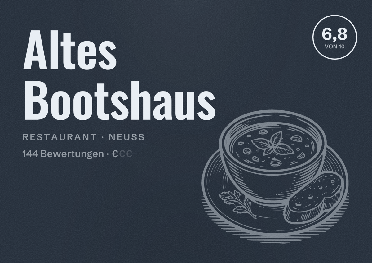 Illustriertes Poster von Altes Bootshaus, Restaurant in Neuss: Bewertung 6,8 von 10 aus 144 Bewertungen, Preisniveau €
