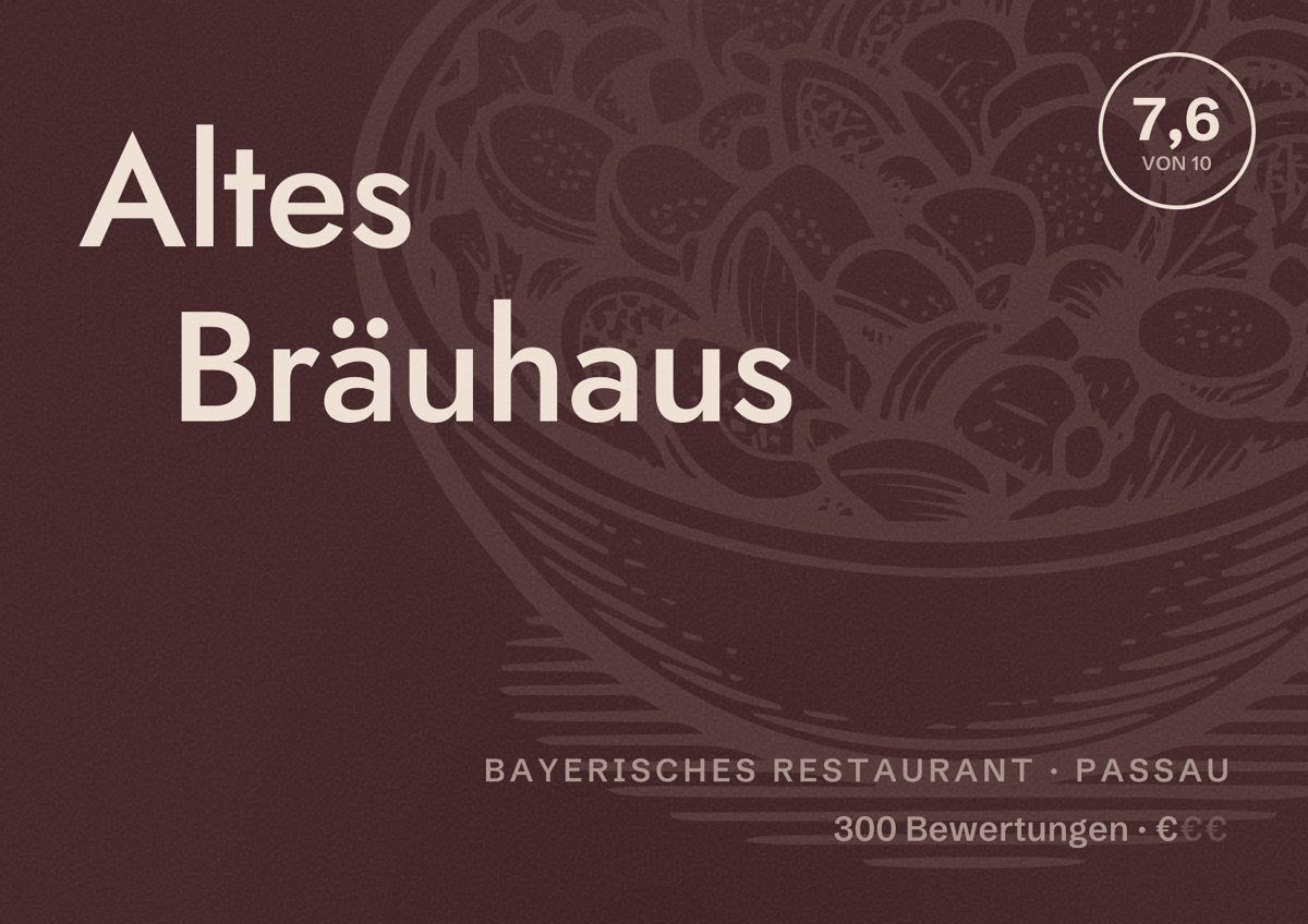 Illustriertes Poster von Altes Bräuhaus, Bayerisches Restaurant in Passau: Bewertung 7,6 von 10 aus 300 Bewertungen, Preisniveau €