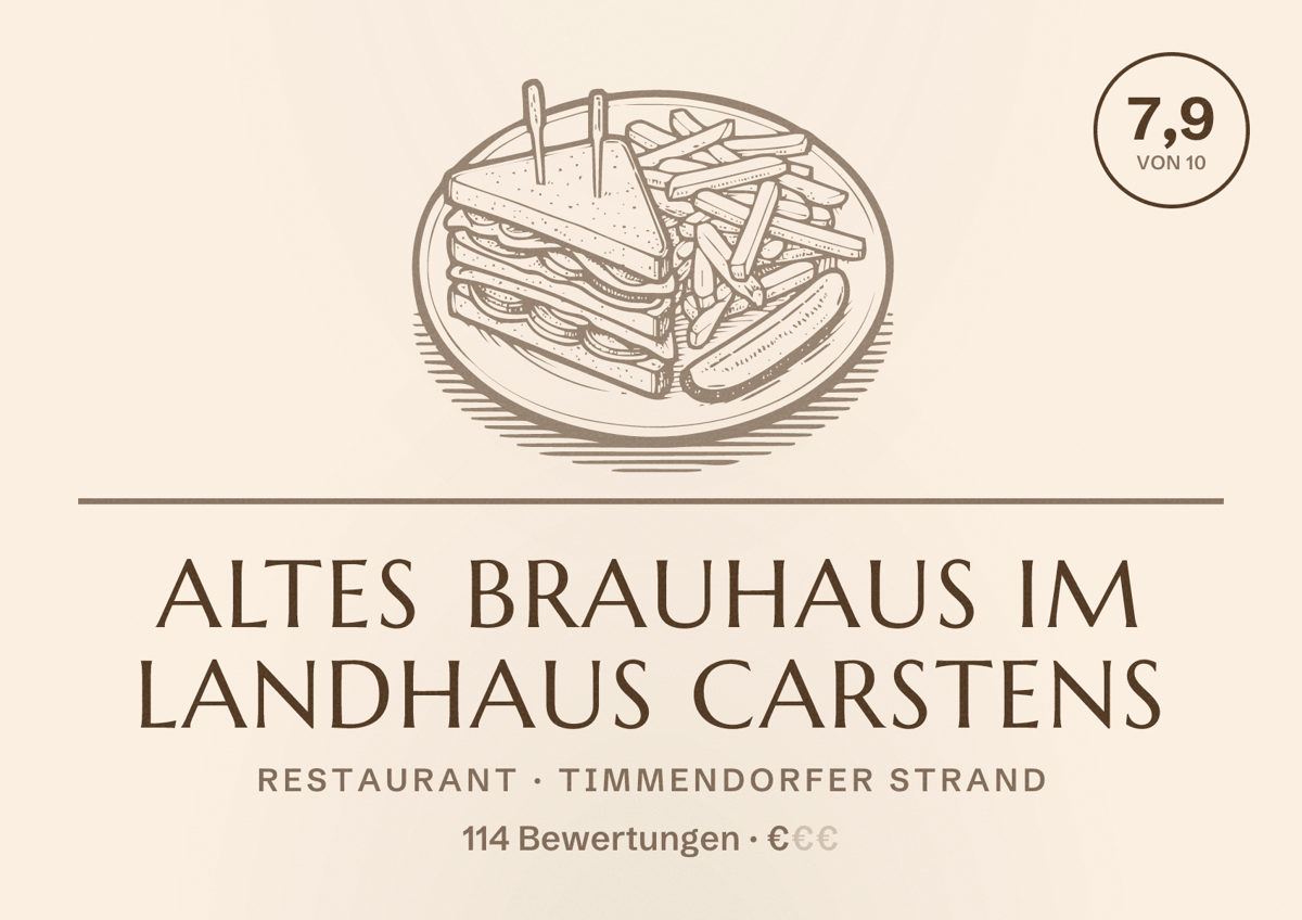 Illustriertes Poster von Altes Brauhaus im Landhaus Carstens, Restaurant in Timmendorfer Strand: Bewertung 7,9 von 10 aus 114 Bewertungen, Preisniveau €