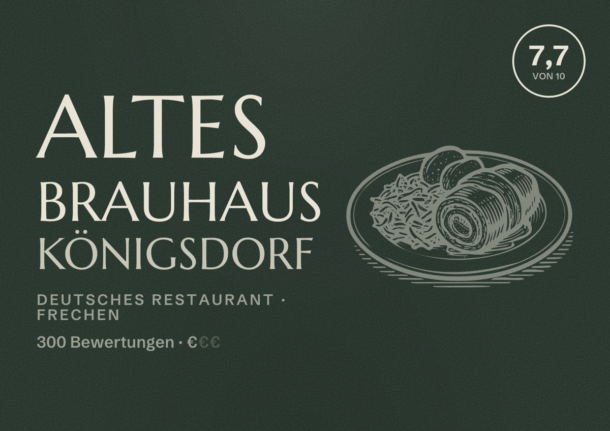 Illustriertes Poster von Altes Brauhaus Königsdorf, Deutsches Restaurant in Frechen: Bewertung 7,7 von 10 aus 300 Bewertungen, Preisniveau €