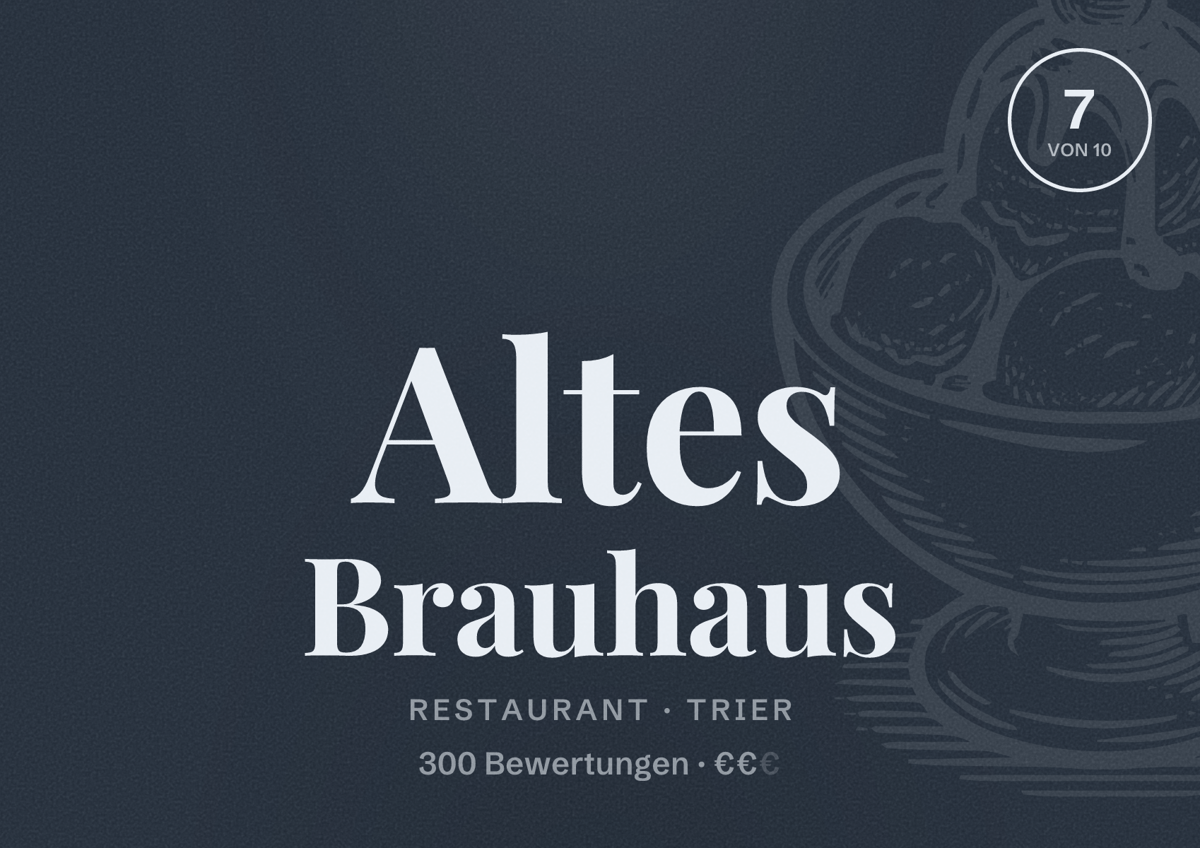 Illustriertes Poster von Altes Brauhaus, Restaurant in Trier: Bewertung 7 von 10 aus 300 Bewertungen, Preisniveau €€
