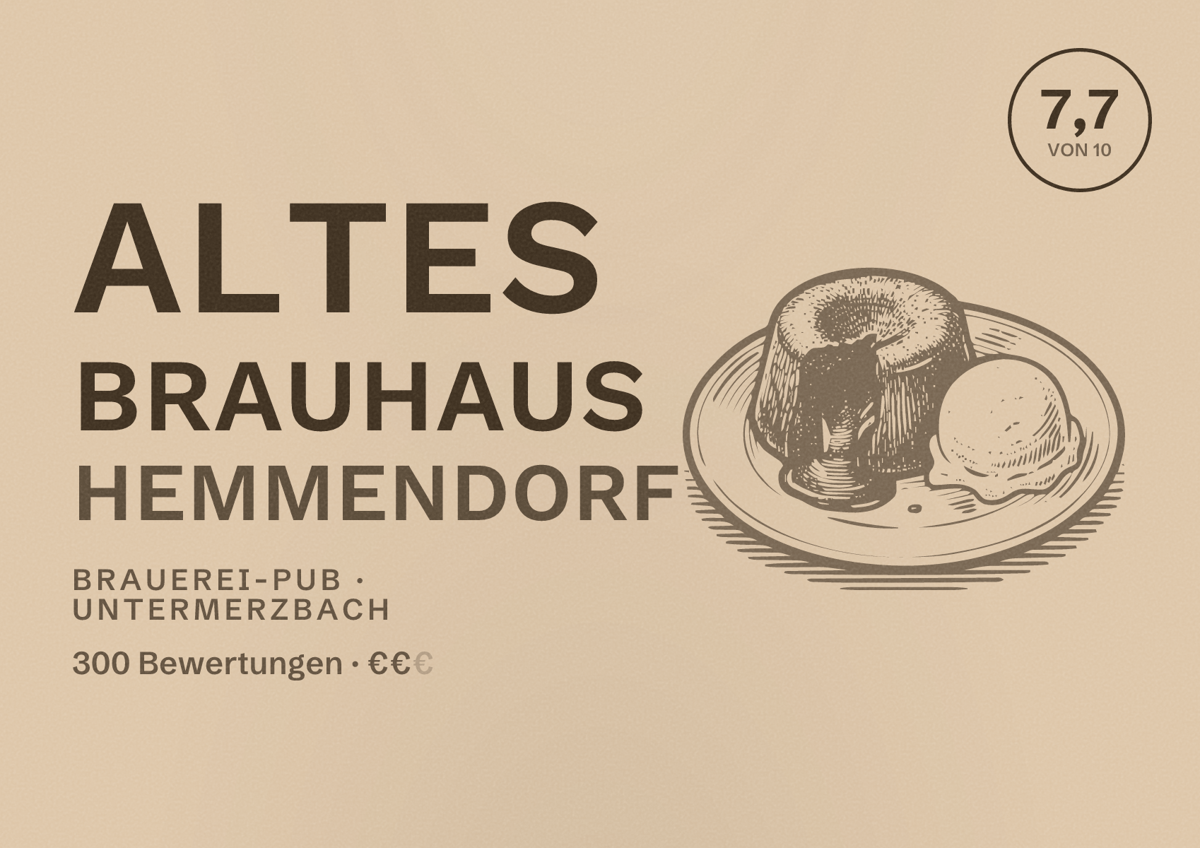 Illustriertes Poster von Altes Brauhaus Hemmendorf, Brauerei-Pub in Untermerzbach: Bewertung 7,7 von 10 aus 300 Bewertungen, Preisniveau €€
