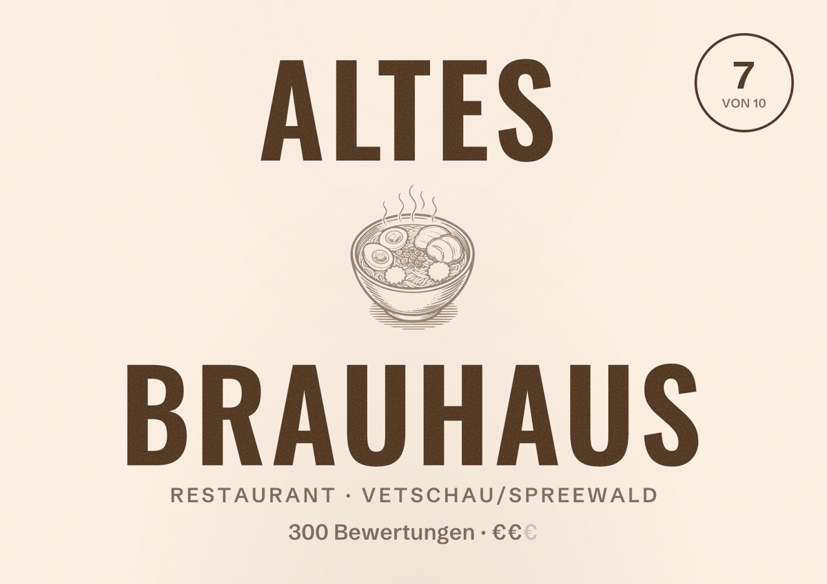 Illustriertes Poster von Altes Brauhaus, Restaurant in Vetschau/Spreewald: Bewertung 7 von 10 aus 300 Bewertungen, Preisniveau €€