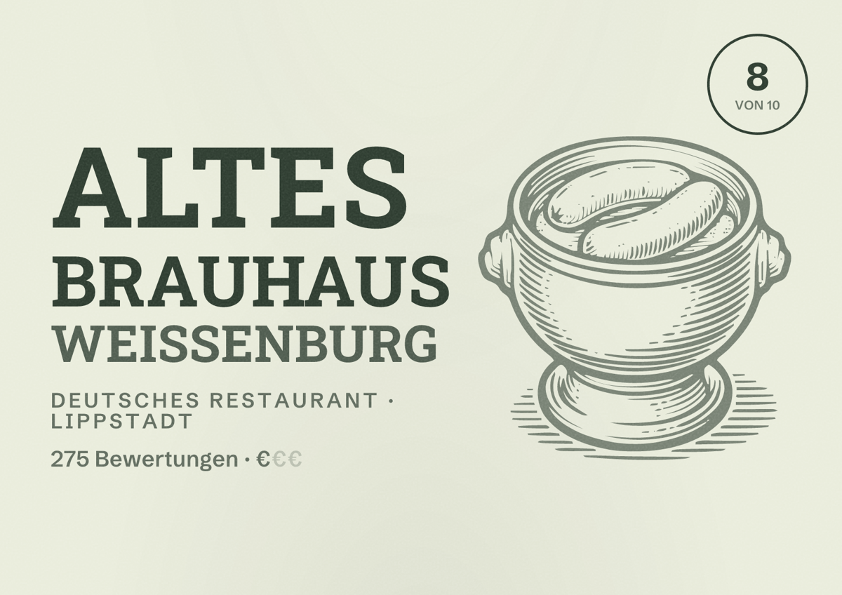 Illustriertes Poster von Altes Brauhaus Weissenburg, Deutsches Restaurant in Lippstadt: Bewertung 8 von 10 aus 275 Bewertungen, Preisniveau €