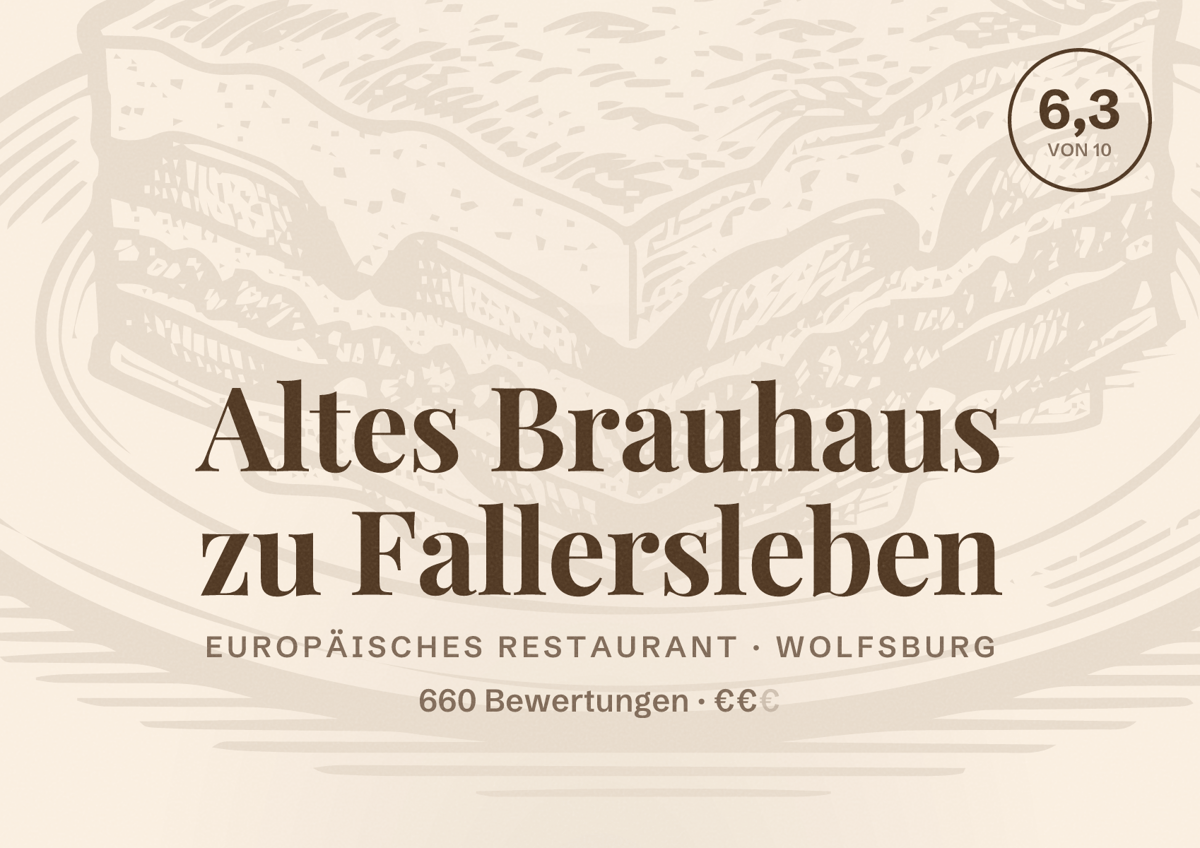Illustriertes Poster von Altes Brauhaus zu Fallersleben, Europäisches Restaurant in Wolfsburg: Bewertung 6,3 von 10 aus 660 Bewertungen, Preisniveau €€