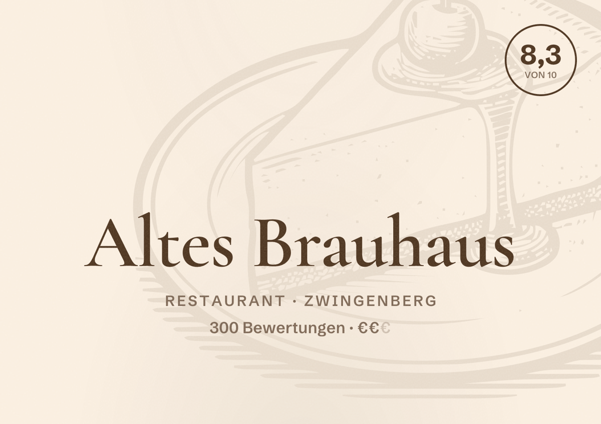 Illustriertes Poster von Altes Brauhaus, Restaurant in Zwingenberg: Bewertung 8,3 von 10 aus 300 Bewertungen, Preisniveau €€