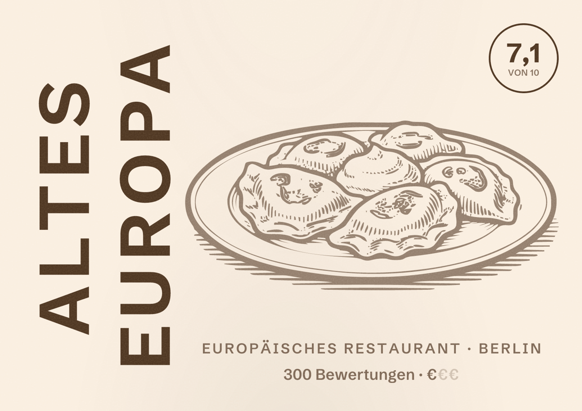Illustriertes Poster von Altes Europa, Europäisches Restaurant in Berlin: Bewertung 7,1 von 10 aus 300 Bewertungen, Preisniveau €