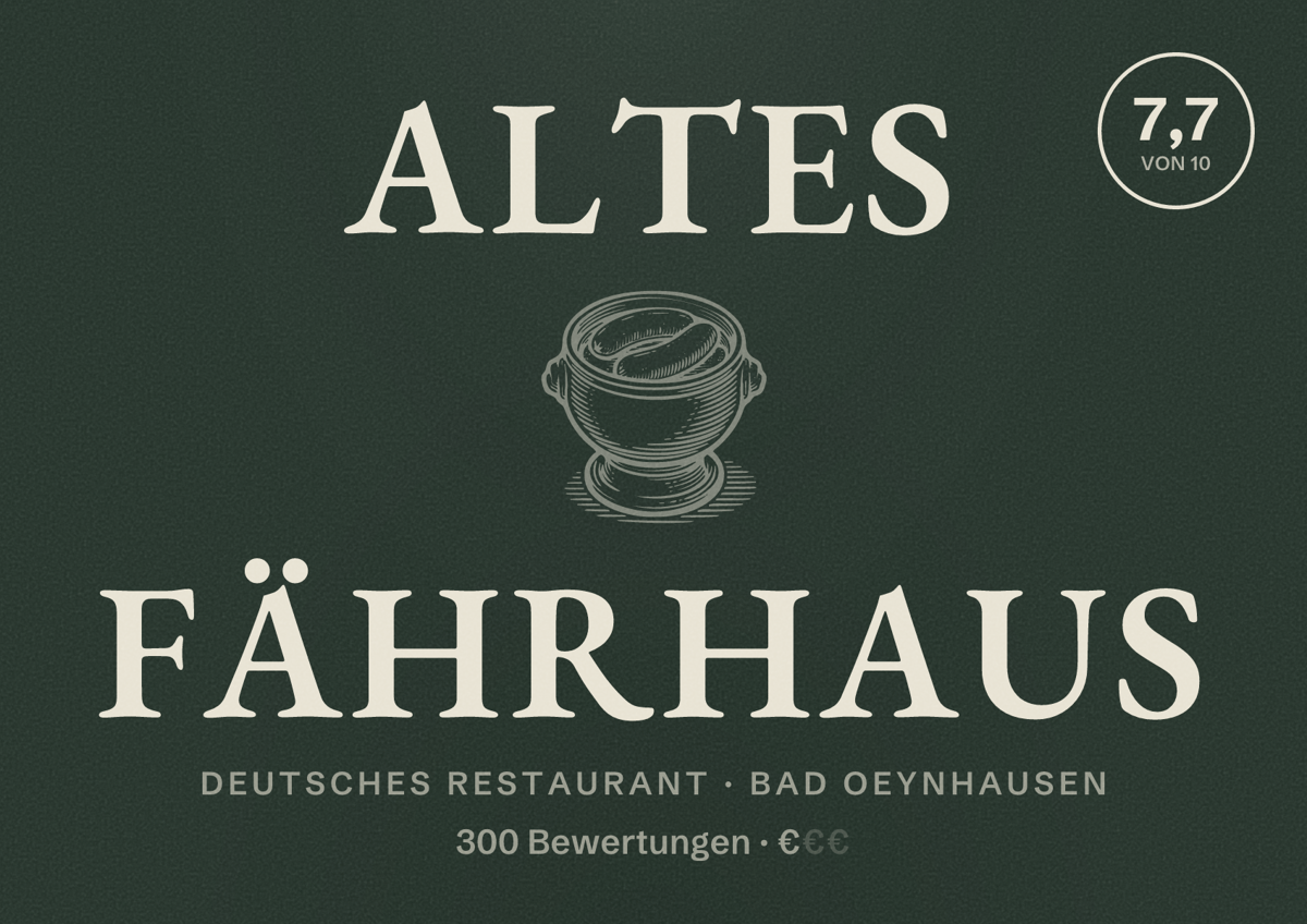 Illustriertes Poster von Altes Fährhaus, Deutsches Restaurant in Bad Oeynhausen: Bewertung 7,7 von 10 aus 300 Bewertungen, Preisniveau €
