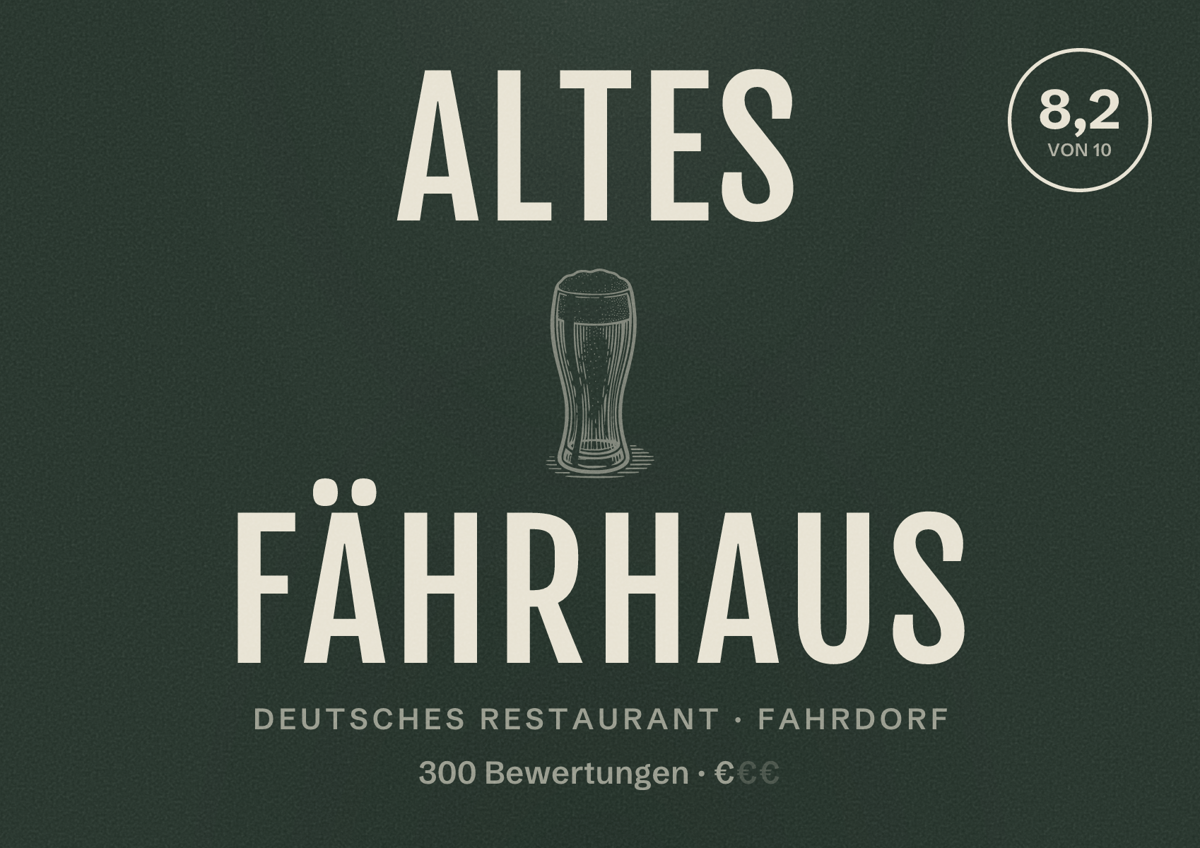 Illustriertes Poster von Altes Fährhaus, Deutsches Restaurant in Fahrdorf: Bewertung 8,2 von 10 aus 300 Bewertungen, Preisniveau €
