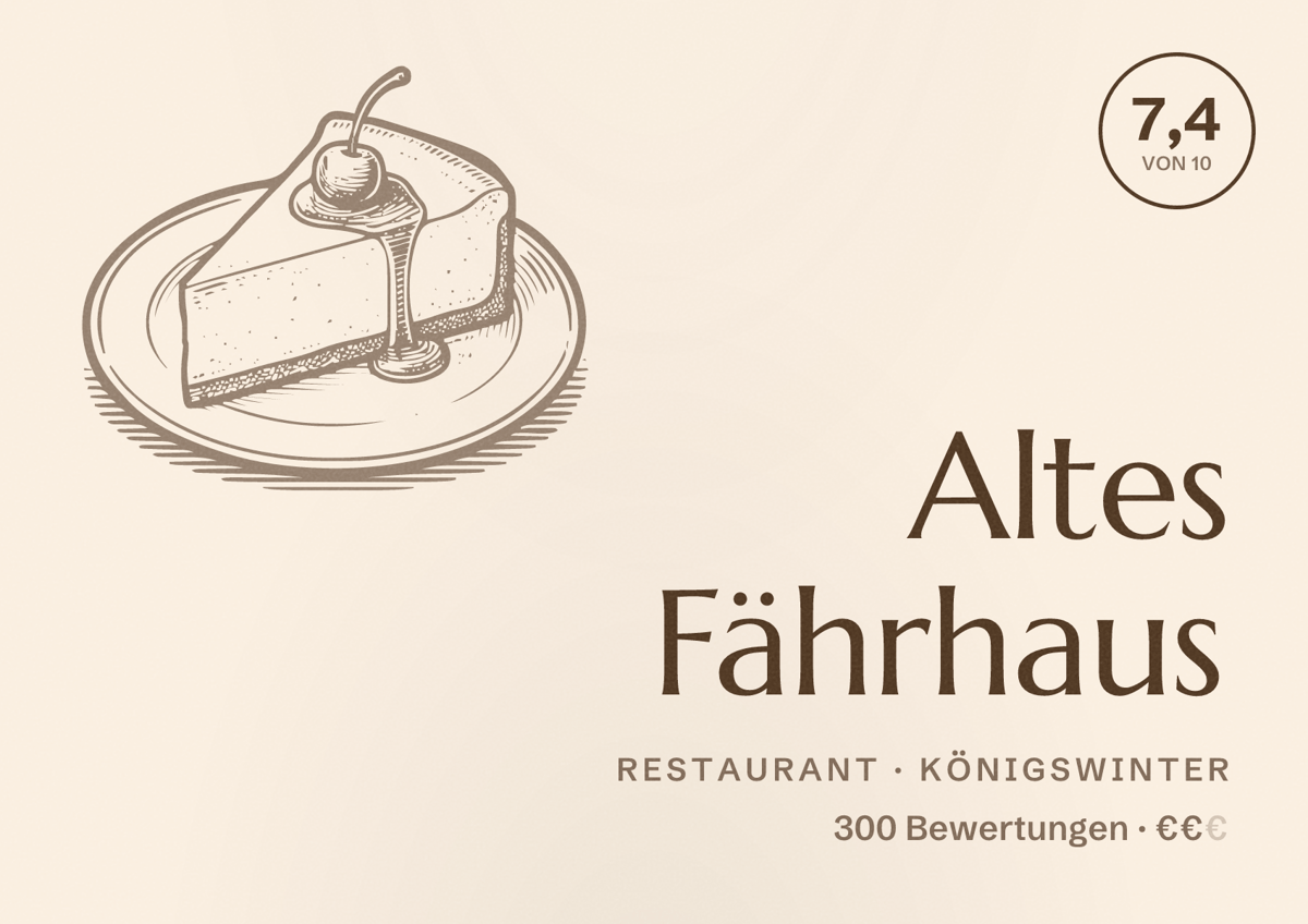 Illustriertes Poster von Altes Fährhaus, Restaurant in Königswinter: Bewertung 7,4 von 10 aus 300 Bewertungen, Preisniveau €€