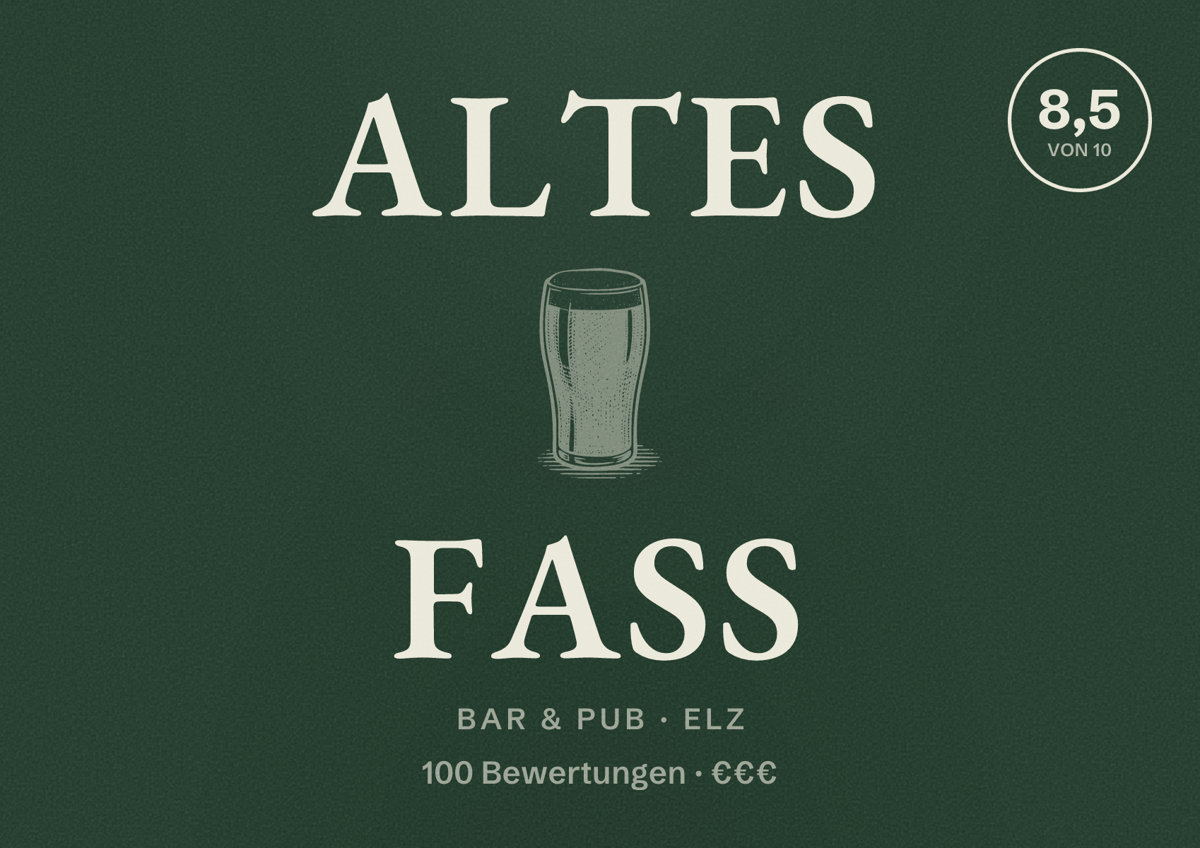 Illustriertes Poster von Altes Fass, Bar & Pub in Elz: Bewertung 8,5 von 10 aus 100 Bewertungen, Preisniveau €€€