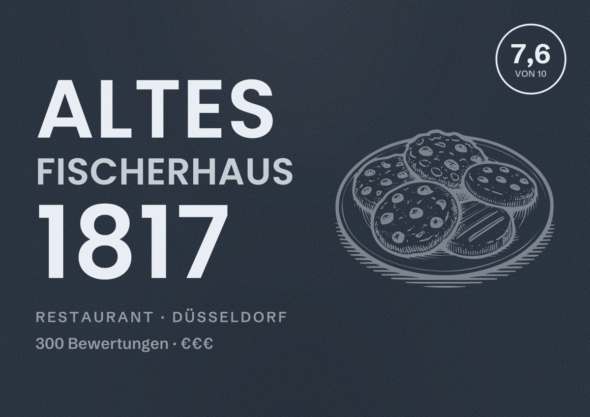 Illustriertes Poster von Altes Fischerhaus 1817, Restaurant in Düsseldorf: Bewertung 7,6 von 10 aus 300 Bewertungen, Preisniveau €€€