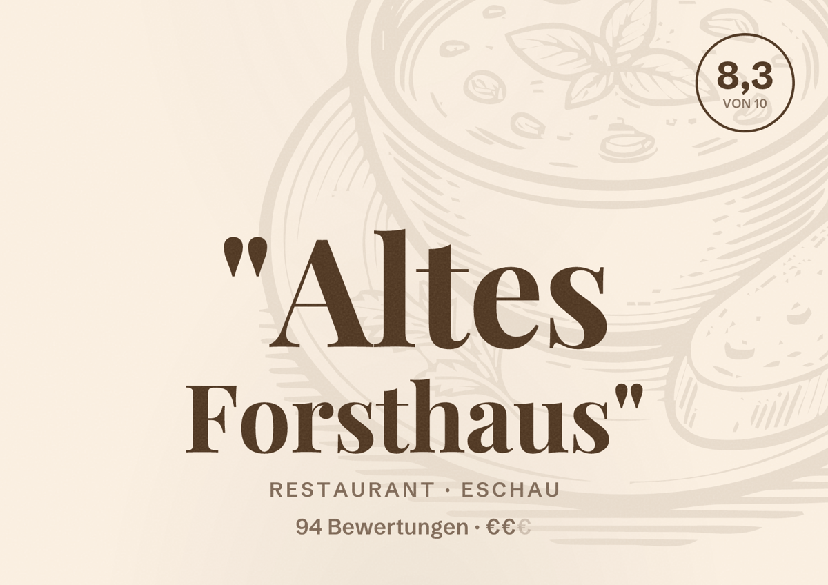 Illustriertes Poster von "Altes Forsthaus", Restaurant in Eschau: Bewertung 8,3 von 10 aus 94 Bewertungen, Preisniveau €€