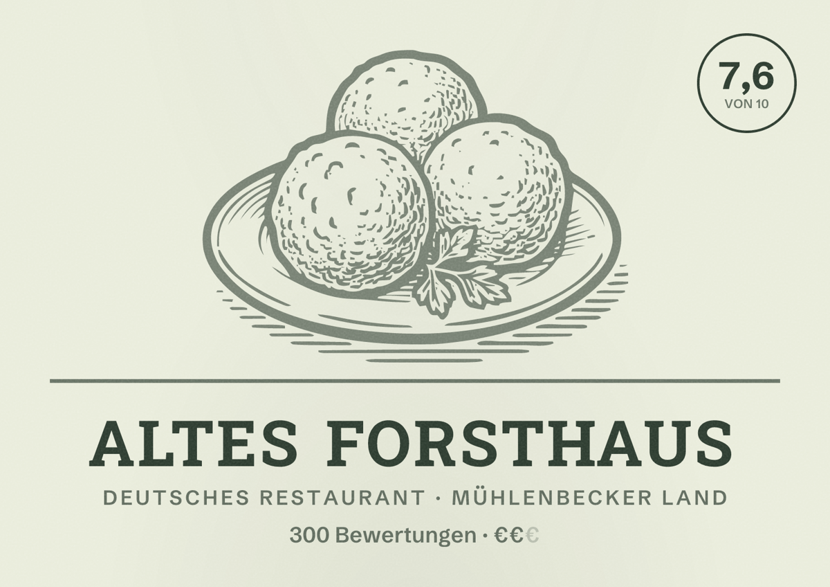 Illustriertes Poster von Altes Forsthaus, Deutsches Restaurant in Mühlenbecker Land: Bewertung 7,6 von 10 aus 300 Bewertungen, Preisniveau €€
