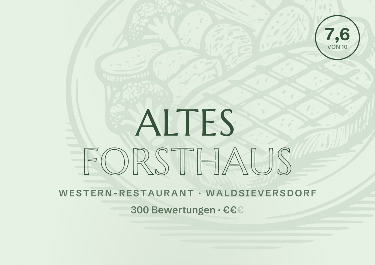 Illustriertes Poster von Altes Forsthaus, Western-Restaurant in Waldsieversdorf: Bewertung 7,6 von 10 aus 300 Bewertungen, Preisniveau €€