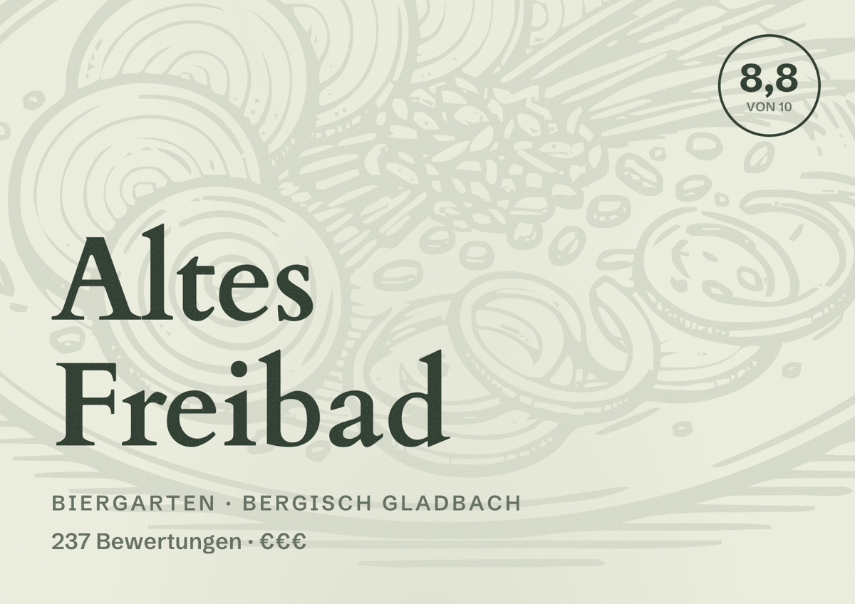 Illustriertes Poster von Altes Freibad, Biergarten in Bergisch Gladbach: Bewertung 8,8 von 10 aus 237 Bewertungen, Preisniveau €€€