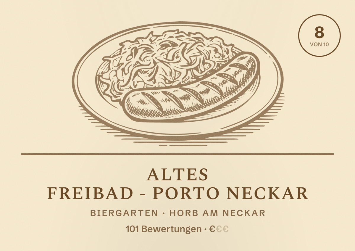 Illustriertes Poster von Altes Freibad - Porto Neckar, Biergarten in Horb am Neckar: Bewertung 8 von 10 aus 101 Bewertungen, Preisniveau €
