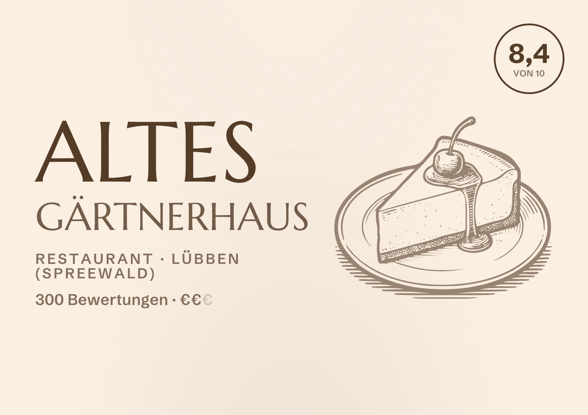 Illustriertes Poster von Altes Gärtnerhaus, Restaurant in Lübben (Spreewald): Bewertung 8,4 von 10 aus 300 Bewertungen, Preisniveau €€