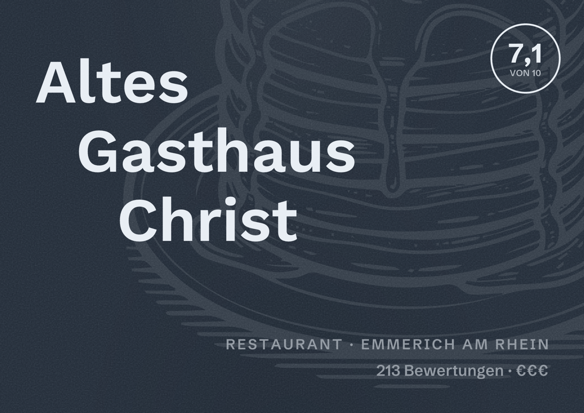 Illustriertes Poster von Altes Gasthaus Christ, Restaurant in Emmerich am Rhein: Bewertung 7,1 von 10 aus 213 Bewertungen, Preisniveau €€€