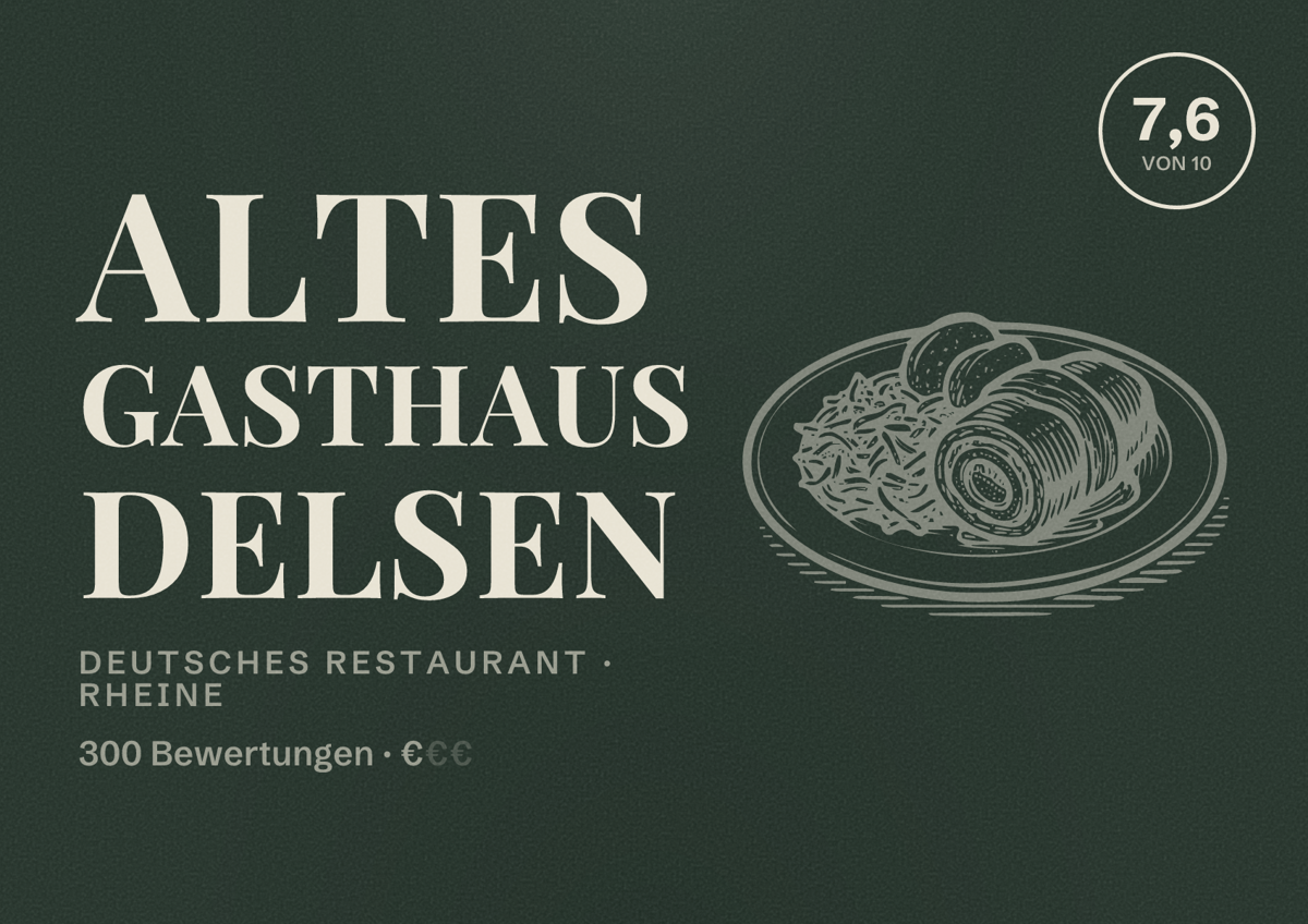 Illustriertes Poster von Altes Gasthaus Delsen, Deutsches Restaurant in Rheine: Bewertung 7,6 von 10 aus 300 Bewertungen, Preisniveau €