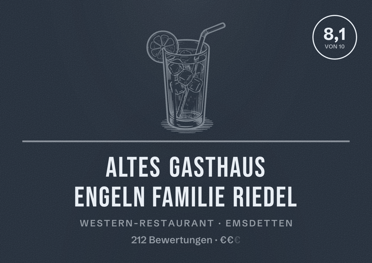 Illustriertes Poster von Altes Gasthaus Engeln Familie Riedel, Western-Restaurant in Emsdetten: Bewertung 8,1 von 10 aus 212 Bewertungen, Preisniveau €€